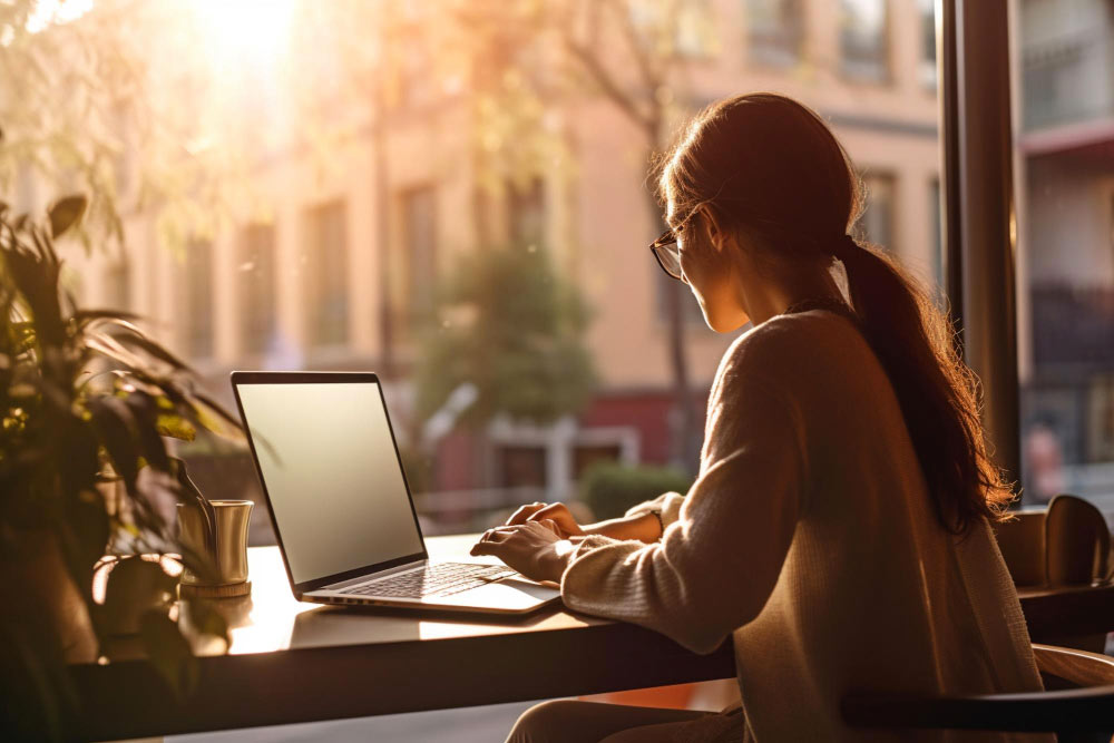 Trouver le bon freelance travaillant sur un ordinateur portable par temps ensoleillé à l'extérieur de la fenêtre